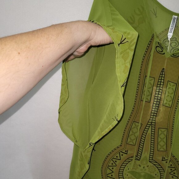 Monoreno Top Womens L Green Sheer Navajo‎ Print Tunic Cover Up Angel Sleeve New - Picture 2 of 11